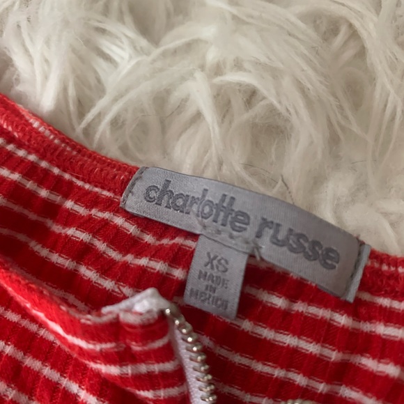 CHARLOTTE RUSSE red and white striped off the shoulder zipper detail croptop - Picture 2 of 5